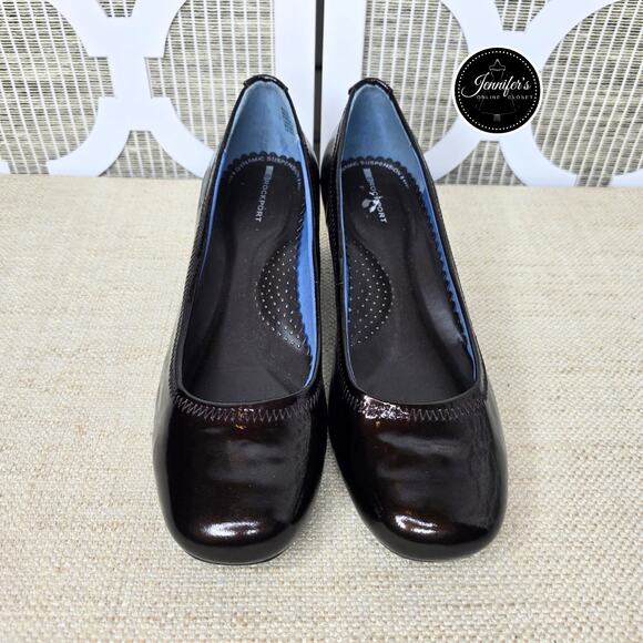 Rockport Dark Brown NWOT Patent Leather Slip On Block Heel Pumps Size 7W - Picture 2 of 13